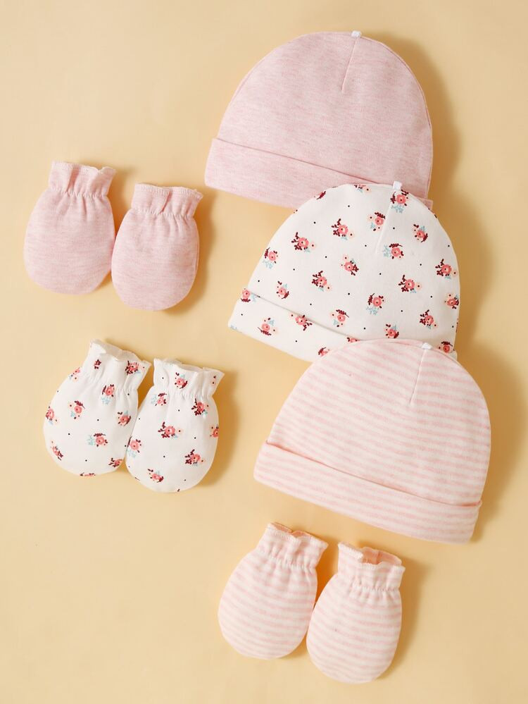 3pcs Baby Floral Pattern Hat & 3pairs Gloves | SHEIN