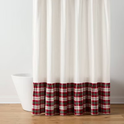 72"x72" Green/Red Plaid Ruffle Christmas Shower Curtain Cream - Threshold™ | Target