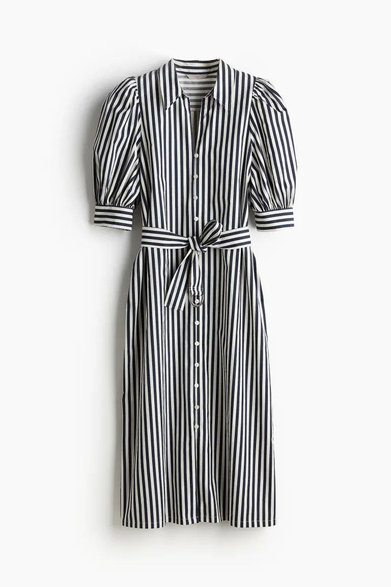 Shirt Dress with Belt - V-neck - Short sleeve - Navy blue/striped - Ladies | H&M CA | H&M (US + CA)