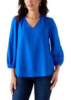 Crown & Ivy Women's Ruffle Shirred Shoulder Peasant Blouse, Blue, XL | Belk