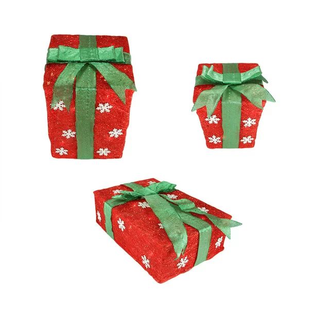 Set of 3 Lighted Red with Green Bows and Snowflakes Gift Boxes Outdoor Christmas Decorations 13" ... | Walmart (US)