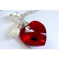 Heart Necklace. Red Crystal Swarovski Elements Necklace With Coral Teardrop & Pearls. Handmade Jewellery | Etsy (US)