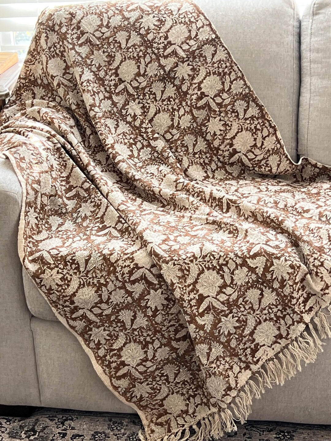 Brown Floral Throw Blanket Neutral Home Decor, Hand Block Print Throw, Queen/ King Size Bed Throw... | Etsy (US)