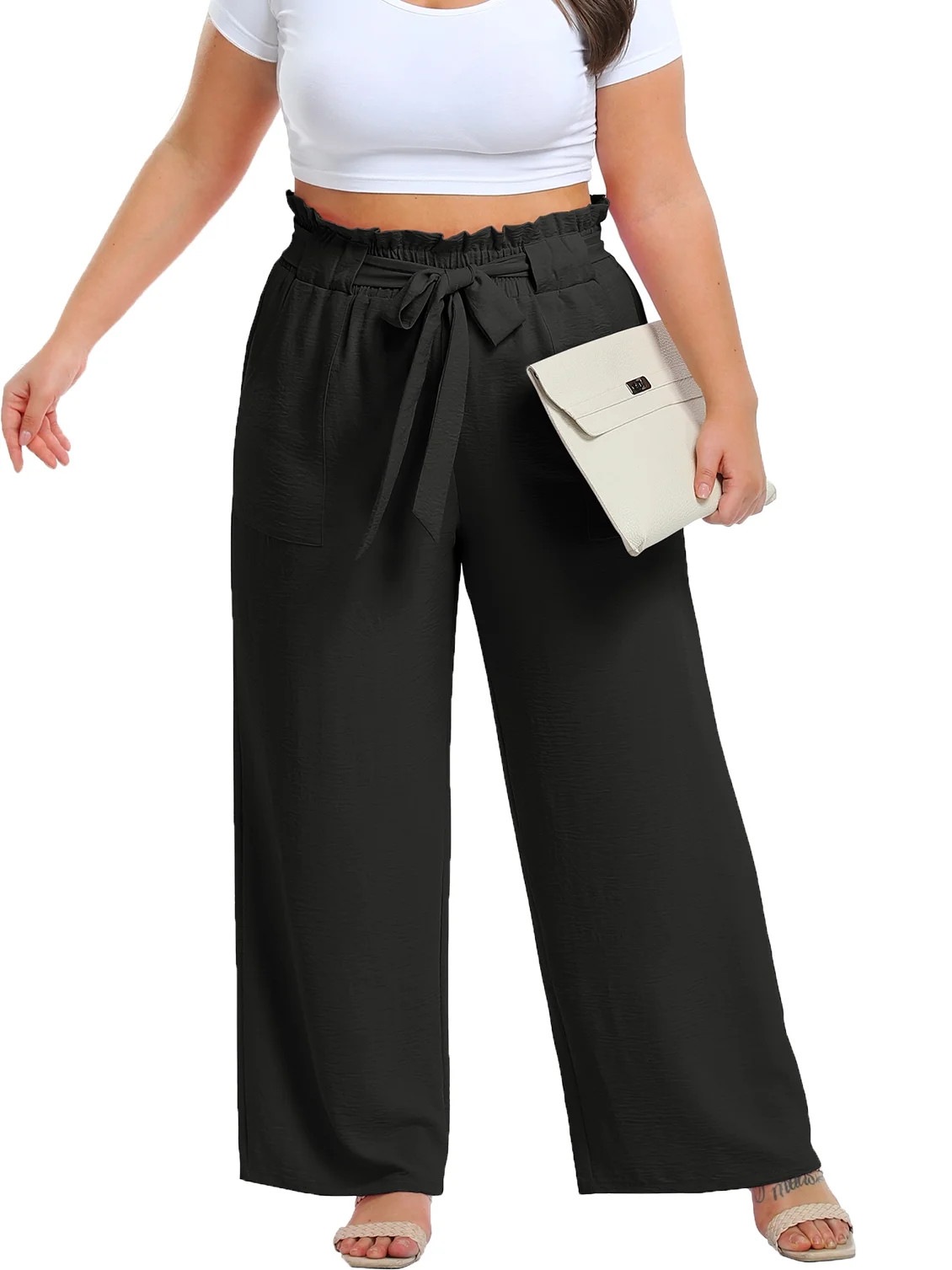Cueply Womens Wide Leg Pants Plus Size Elastic Tie Knot Lounge Pants Loose Trousers with Pockets | Walmart (US)
