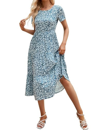 Sureple Floral Midi Dresses for Women Casual Summer, Elegant Printed Round Neckline A Line Dresses with Sleeves Pockets(SP209-Light Gre Flo-L) | Amazon (US)