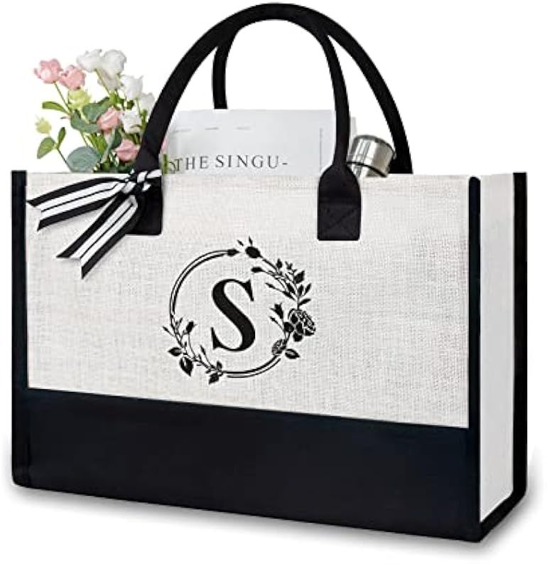 TOPDesign Initial Jute/Canvas Tote Bag, Personalized Present Bag, Suitable for Wedding, Birthday, Be | Amazon (US)