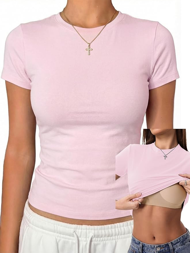 Danysu Basic Tops for Women with Built in Bra Cotton Jersey Short Sleeve T-Shirts Slim Fit Cute G... | Amazon (US)