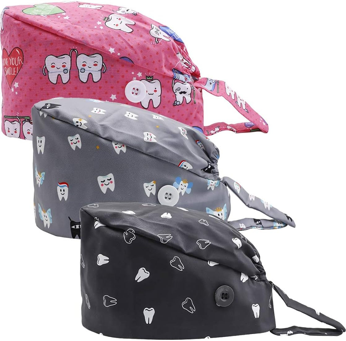 LUCKYBUNNY 3PCS Cute Teeth Working Cap with Button, Women Men Breathable Lace Up Sweatband Work H... | Amazon (US)