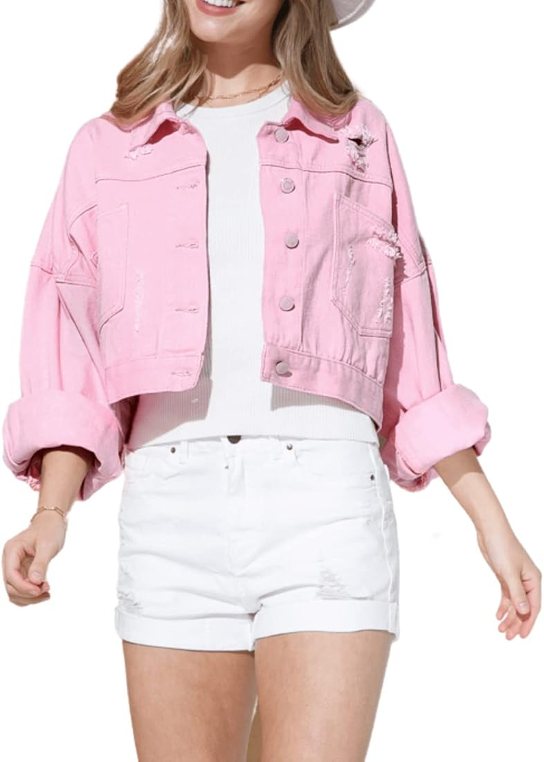 Joiemont Womens Denim Jacket with Fringe Rhinestones Long Sleeve Distressed Ripped Denim Jackets ... | Amazon (US)