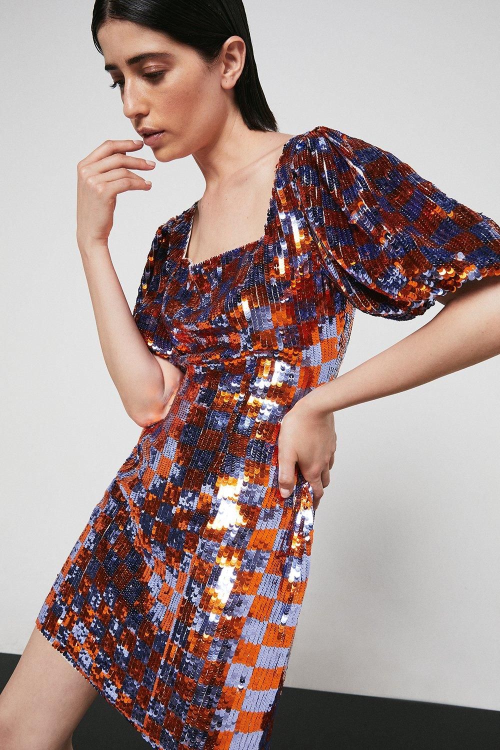 Chequered Sequin Mini Dress | Warehouse UK & IE