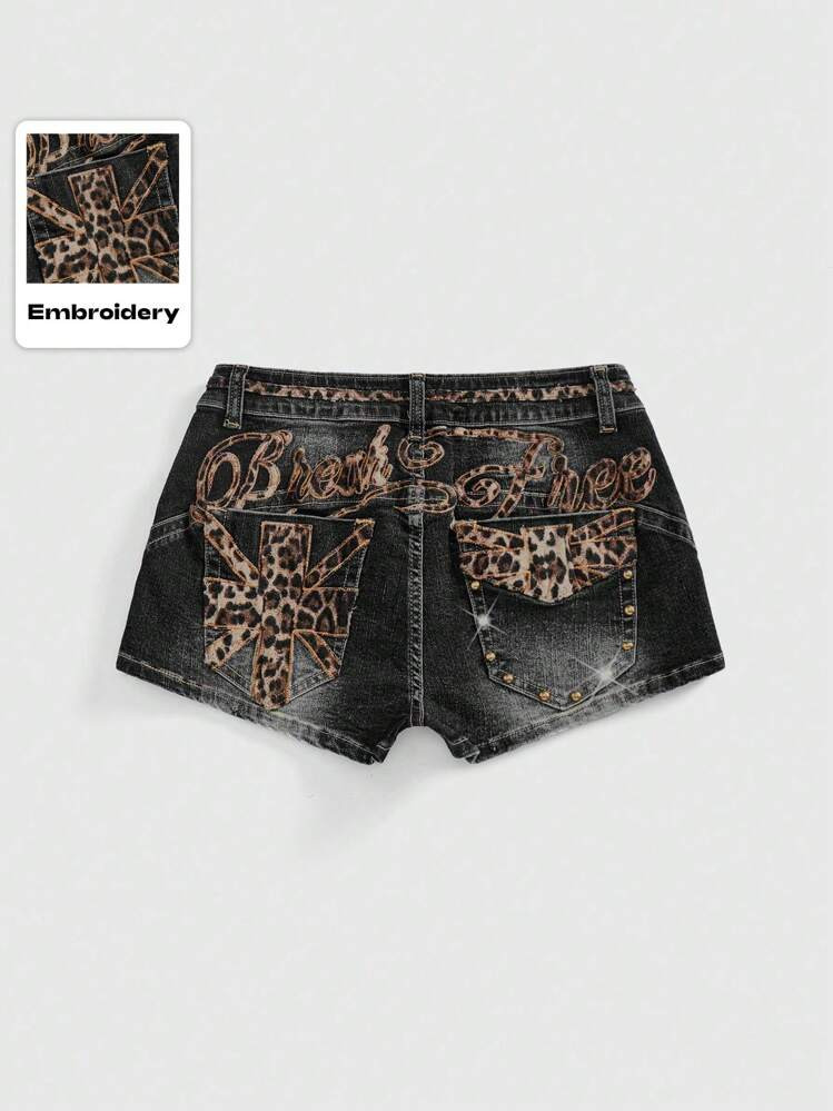 ROMWE Grunge Punk Spring/Summer Leopard Women Kpop Y2K Party Denim Shorts With Super Low Waist, L... | SHEIN