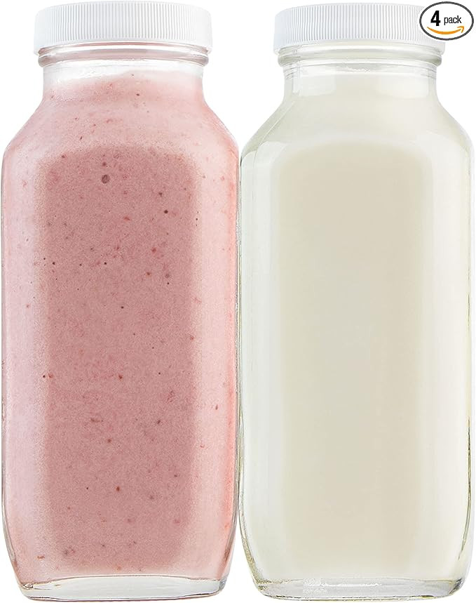 1 Pint Square Glass Milk Bottle with Plastic Airtight Lids - Vintage Reusable Dairy Drinking Cont... | Amazon (US)