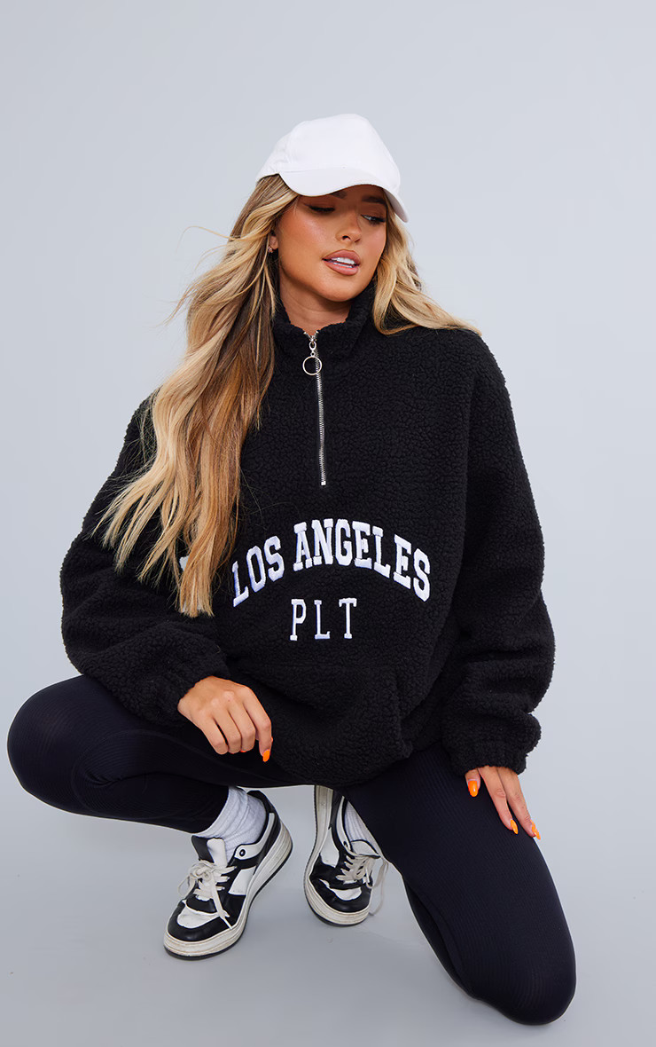 PRETTYLITTLETHING Black Graphic Front Teddy Jacket | PrettyLittleThing US