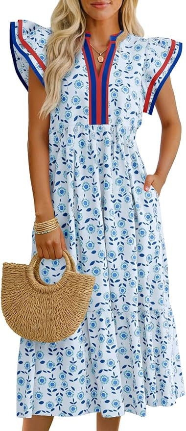 Wenrine Womens Summer Floral Midi Dresses Ruffle Cap Sleeve V Neck Flowy Boho Casual Beach Vacati... | Amazon (US)