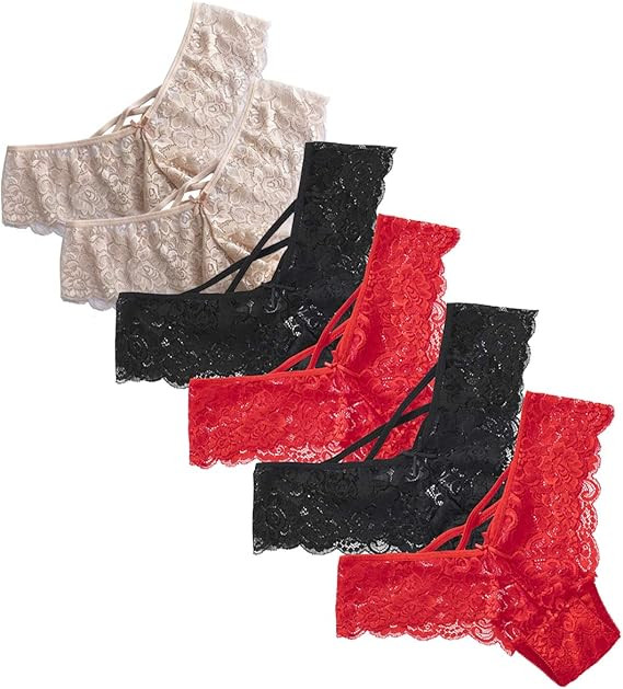 Anna & Eric 4 Pcs Floral Lace Sexy V-Back Criss Cross Mid Rise Thong Panties | Amazon (US)