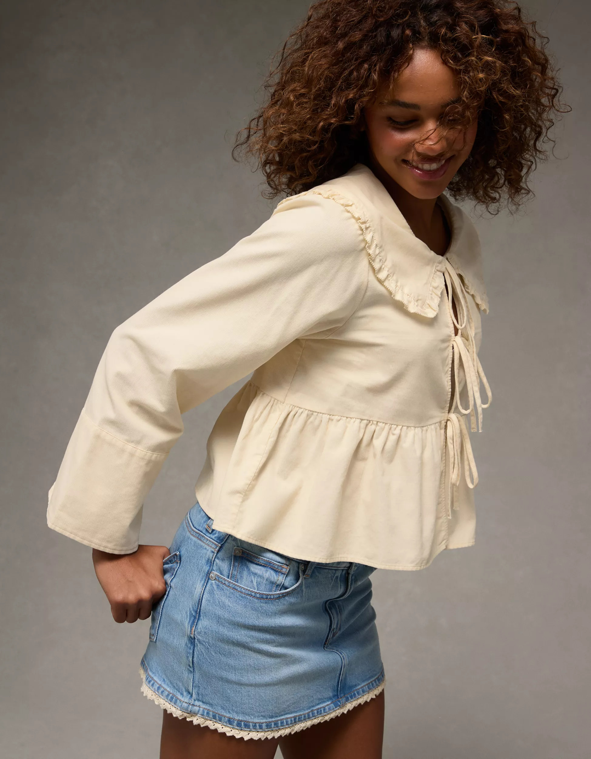 AE Long Sleeve Tie-Front Blouse | American Eagle Outfitters (US & CA)
