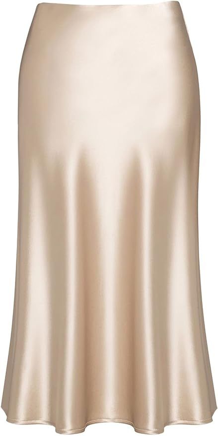 Basoteeuo Midi Skirts for Women High Waist Satin Summer Casual Sexy Midi Length Elastic Skirt | Amazon (US)