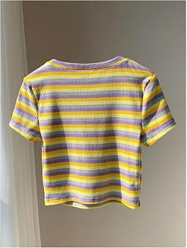 WDIRARA Women's Colorful Striped Short Sleeve Tee Shirt Y2k Crewneck Ribbed Knit Crop Tops | Amazon (US)