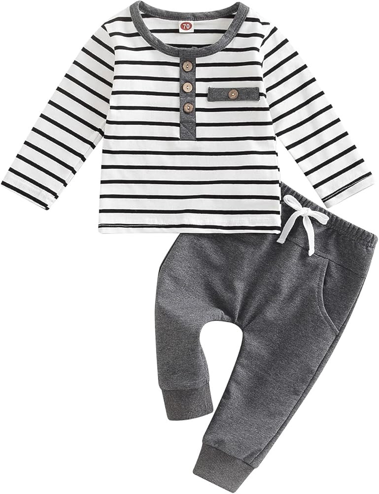 Toddler Infant Baby Boy Clothes Long Sleeve Striped T-Shirt Pullover Tops Solid Pants 2Pcs Fall Wint | Amazon (US)