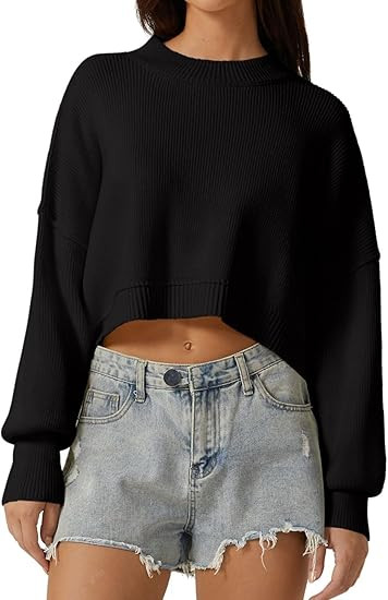 QINSEN Women's Mock Neck Cropped Sweater Long Sleeve Drop Shouler Oversized Knit Pullover Tops | Amazon (US)