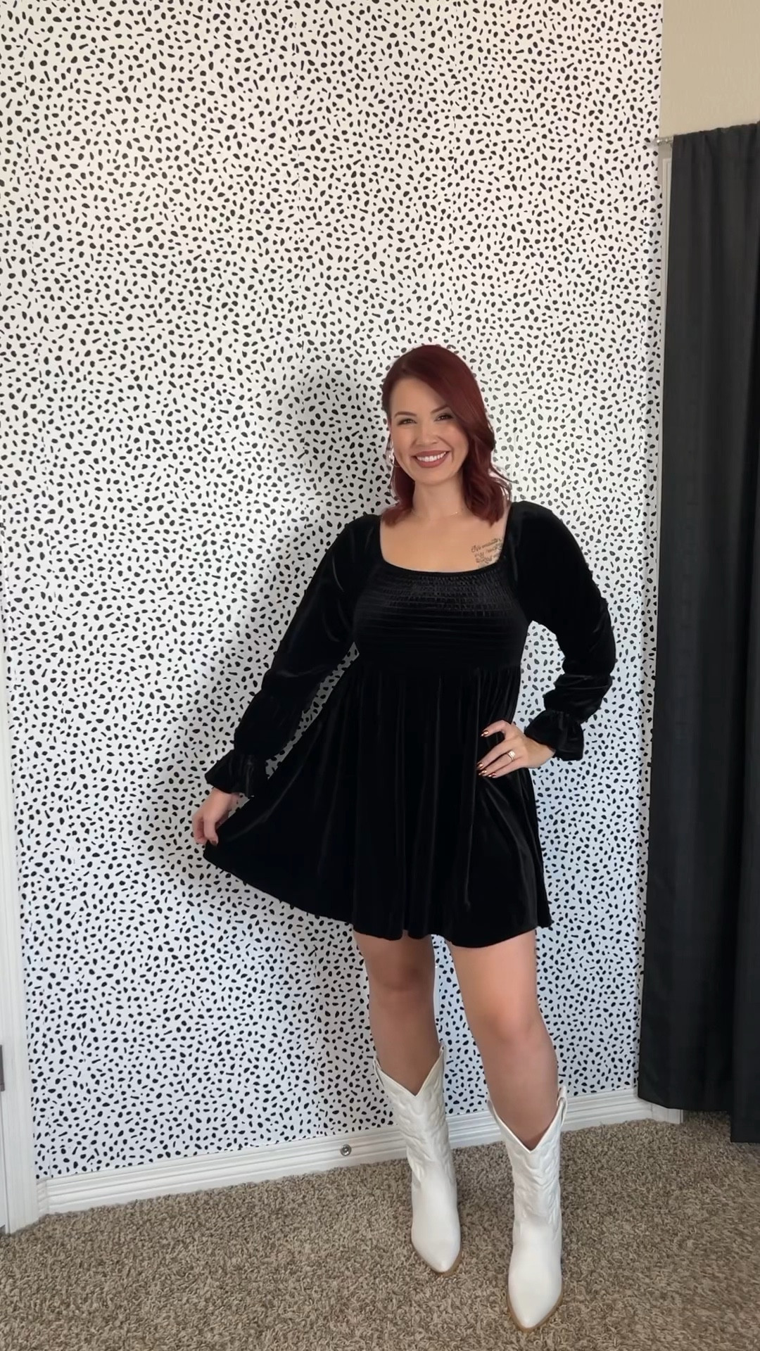 Black velvet babydoll dress with puff sleeves! I actually sized down in this dress and glad I did! I’m wearing a medium. The white boots are also so comfortable and definitely my personality now 🤩 both from Walmart! 

#LTKSeasonal #LTKMidsize #LTKHoliday