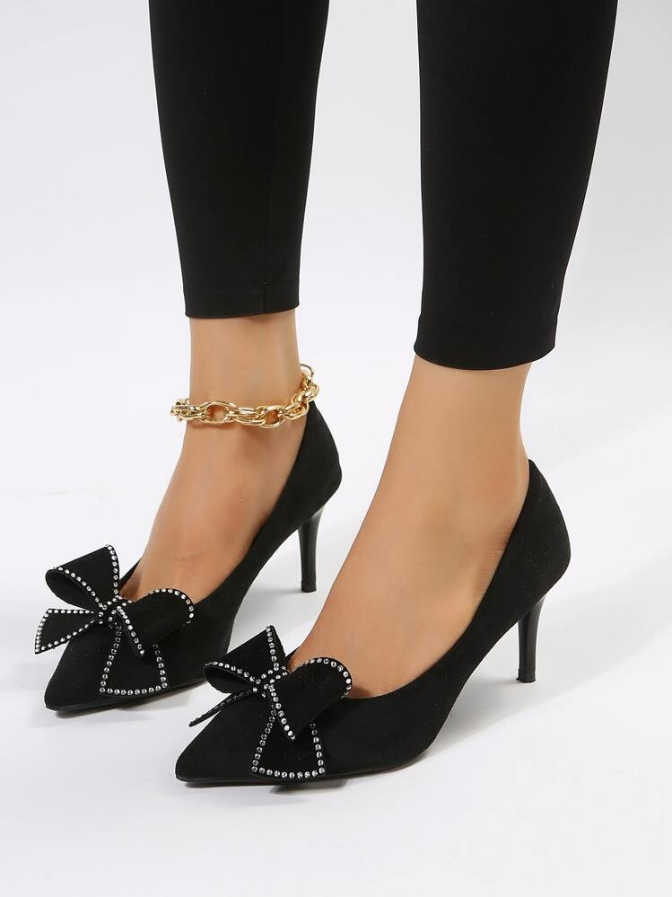 Women's High Heel Shoes Black Bowknot Detail Pointed Toe Stiletto Party Prom Wedding Shoes | SHEIN