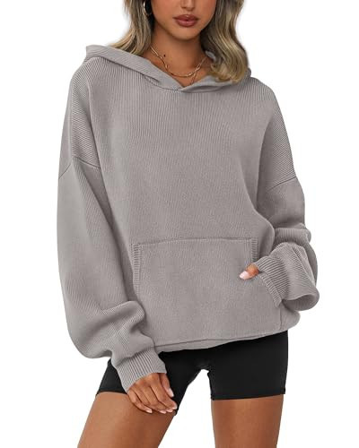 dowerme Women Oversized Sweaters 2025 Lantern Long Sleeve Drop Shoulder Chunky Knit Hooded Pullover Sweater with Pocket(Grey,X-Large) | Amazon (US)