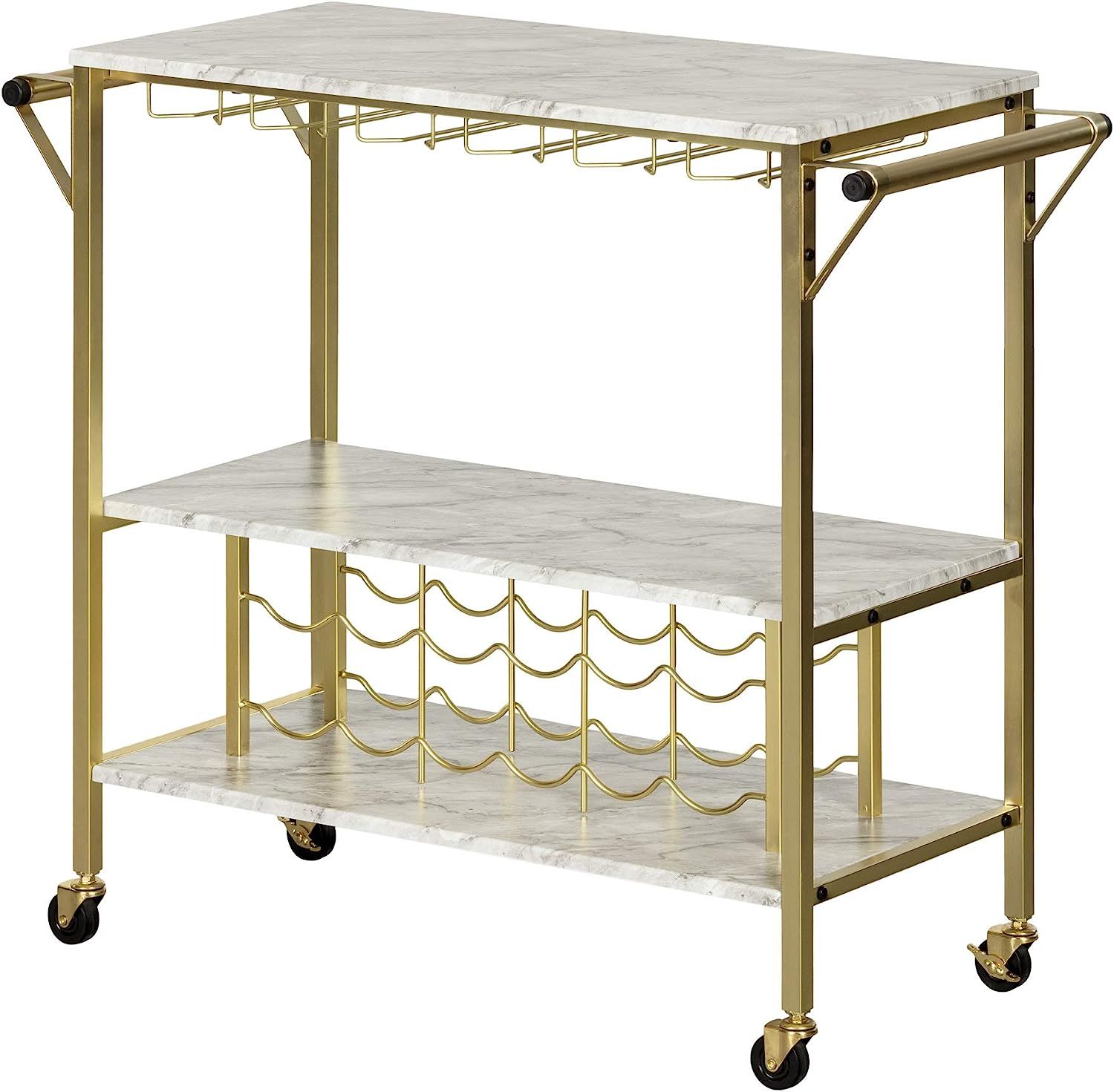 South Shore Maliza Bar Cart Bottle Storage and Wine Glass Rack-Faux Marble and Gold | Amazon (US)
