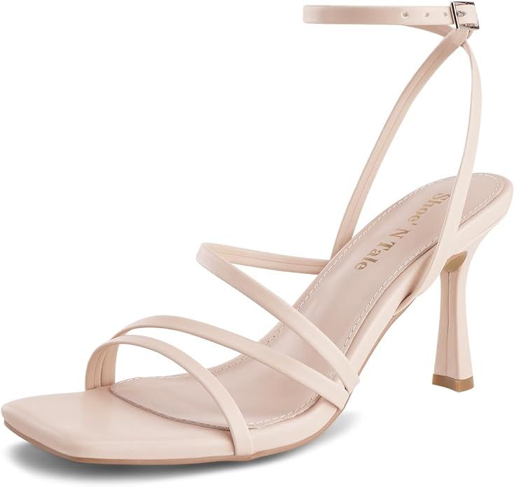 Shoe'N Tale Women's Strappy Heels Stilettos Sandals High Heel Ankle Buckle Square Toe Dress Shoes | Amazon (US)