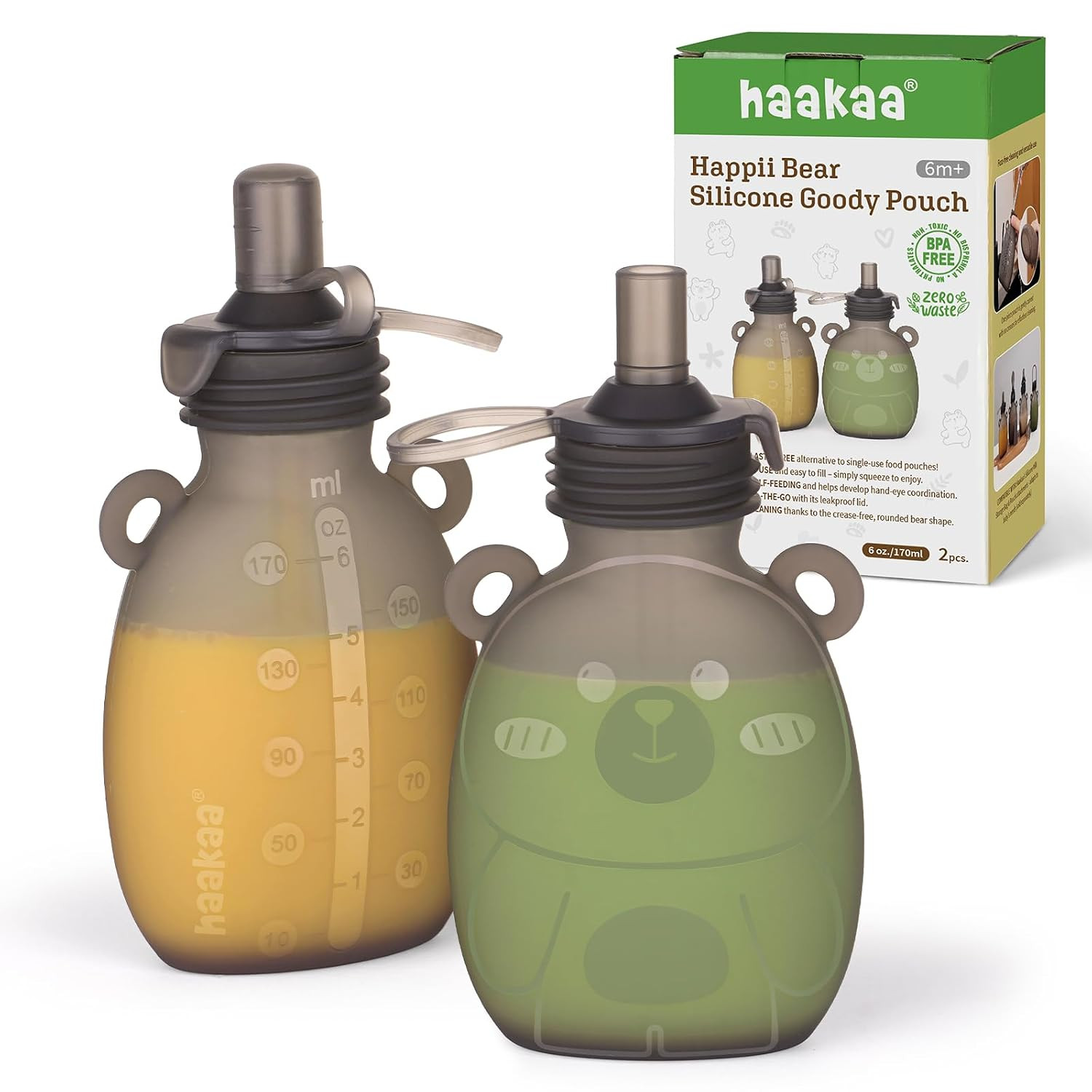 haakaa Happii Bear Silicone Goody Pouch,Reusable Baby Food Pouches for Homemade Organic Purees, Juices, Smoothies, and Yogurt - Perfect for Toddlers and Kids - 2 Pack, 6oz | Amazon (US)