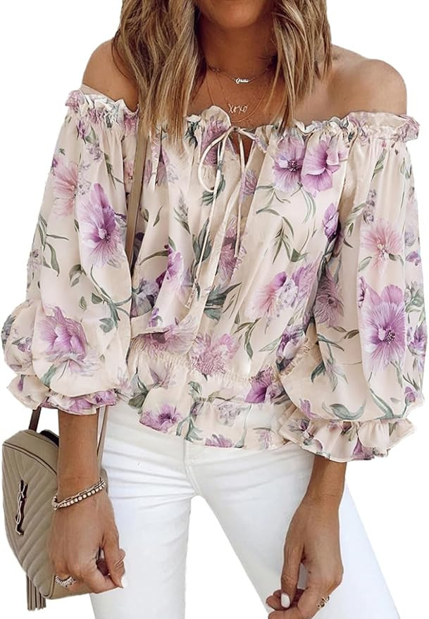 BLENCOT Summer Sexy Off Shoulder Tops for Women Boho Ruffle Sleeve Floral Chiffon Shirts Blouses | Amazon (US)