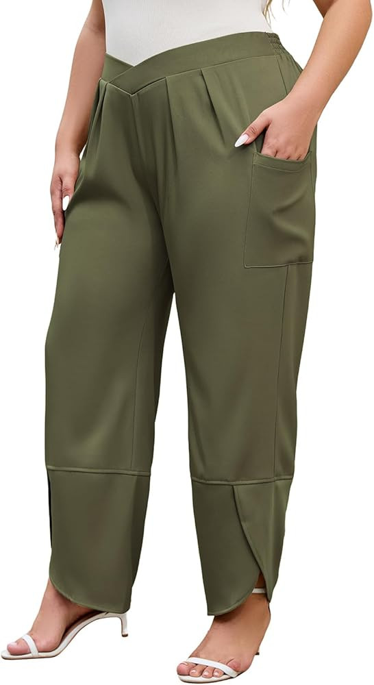 AOVDE Womens Plus Size Palazzo Pants Baggy Wide Leg Pants Elastic Crossover Waist Pleated Front T... | Amazon (US)