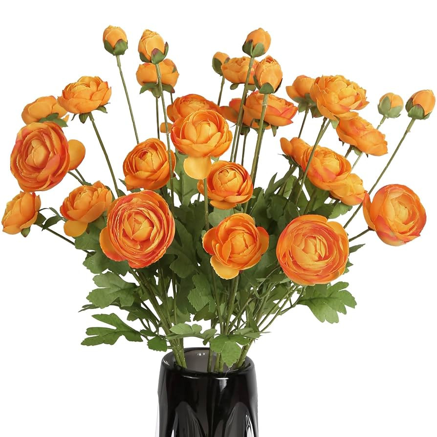 Artificial Ranunculus Flowers with Long Stem 8PCS 32Heads, Orange Ranunculus Silk Flowers Persian... | Amazon (US)