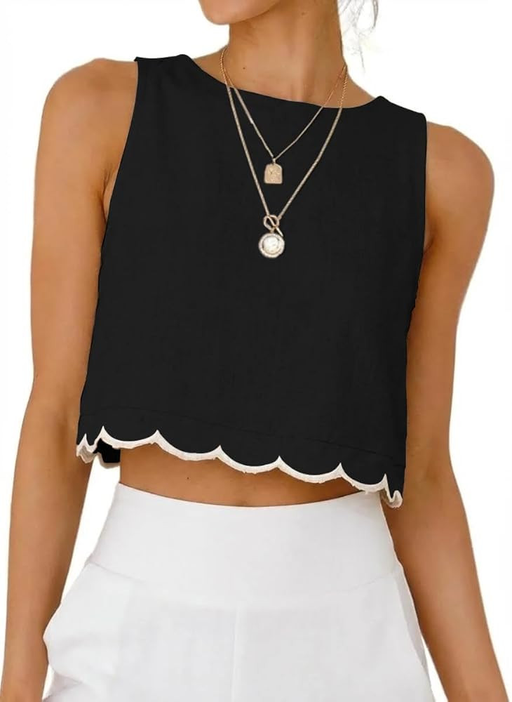 IDEALSANXUN Womens High Neck Linen Tank Tops Spring Summer Scallop Hem Cropped Sleeveless Shirts ... | Amazon (US)