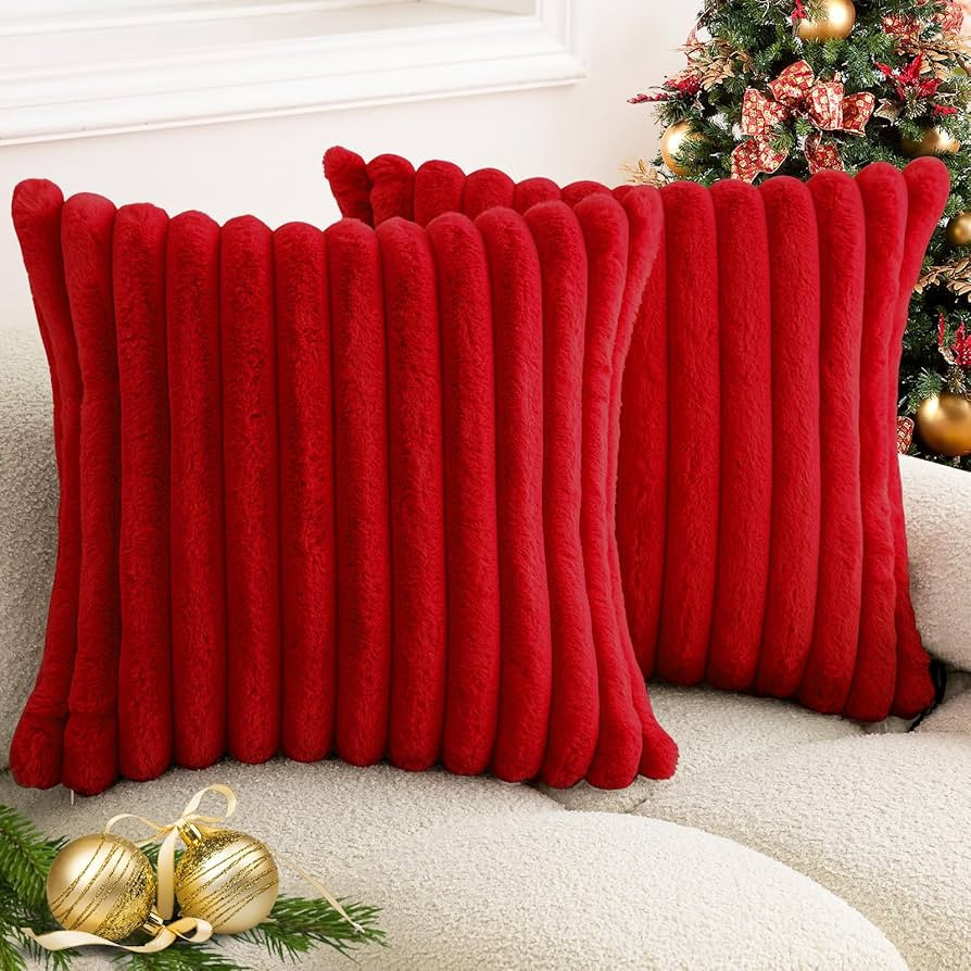 Christmas Red Faux Fur Plush Throw Pillow Covers 18x18 Set of 2 Fuzzy Striped Soft Cozy Pillowcas... | Amazon (US)
