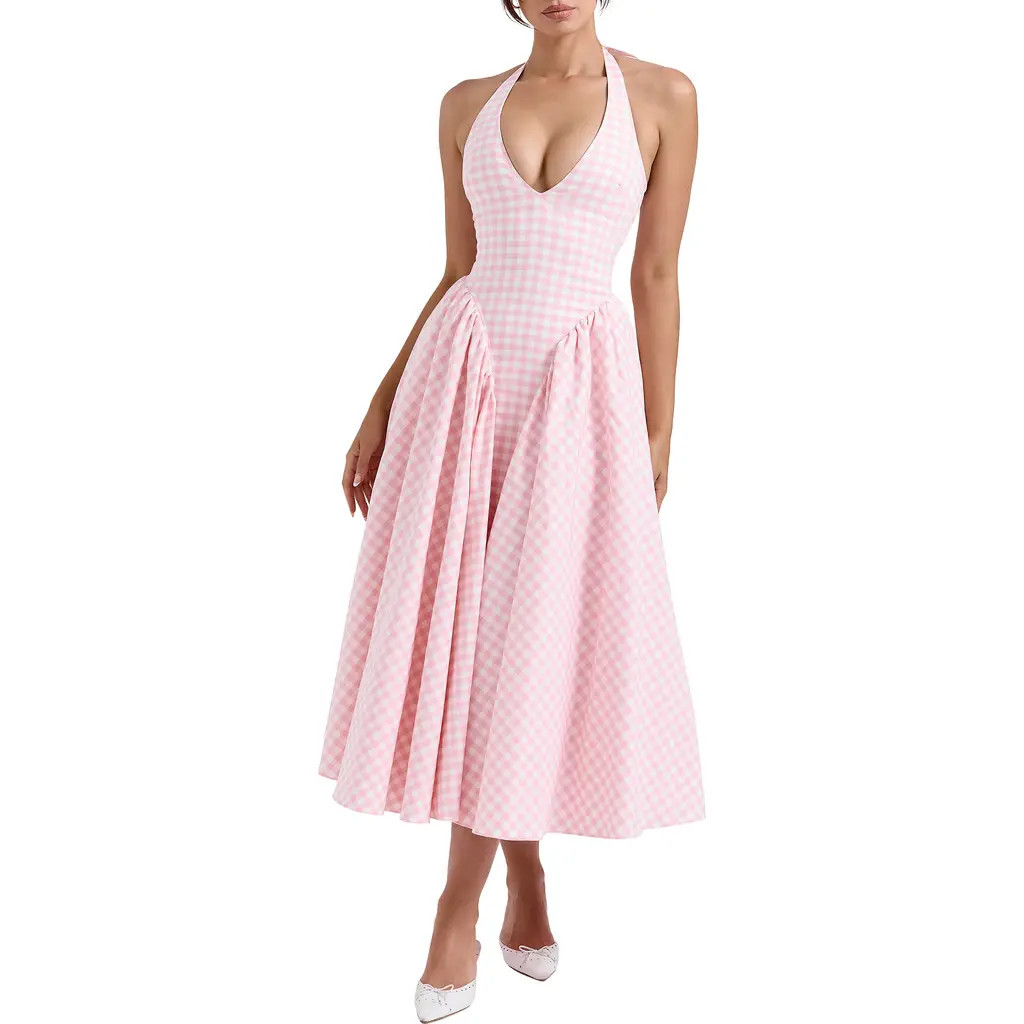HOUSE OF CB Marilyn Gingham Halter Midi Sundress in Rose Shadow at Nordstrom, Size Small | Nordstrom