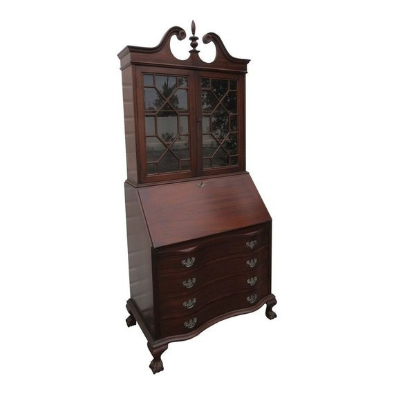 Antique 19c. Mahogany Wood Chinese Chippendale Claw foot English Secretary Desk with Bookcase--PL... | Etsy (US)