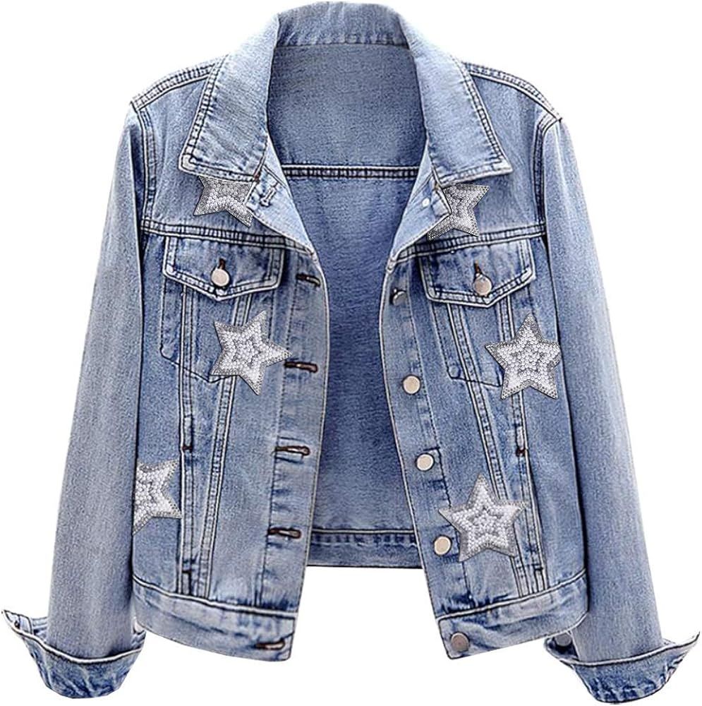 SCOFEEL Women's Distressed Jean Jackets Button Down Denim Jacket Coat with Star Pattern | Amazon (US)
