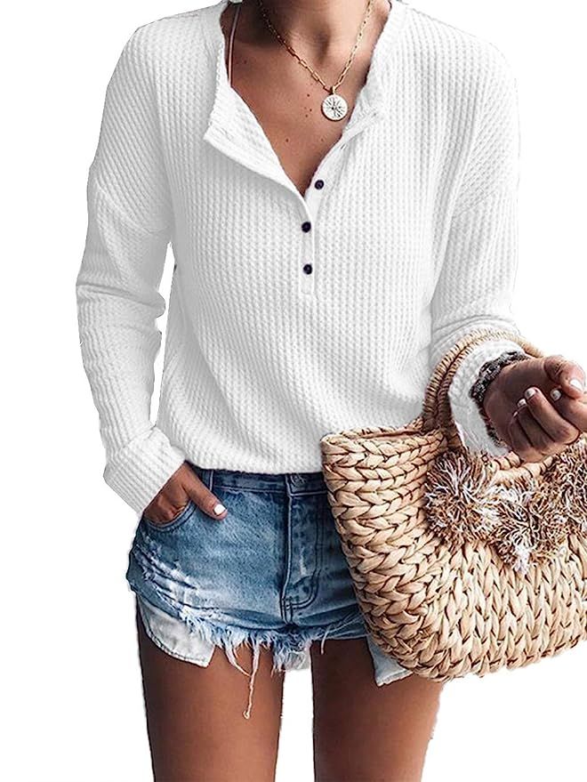 Famulily Women's Waffle Knit Tunic Tops Loose Long Sleeve Button Up V Neck Henley Shirts | Amazon (US)