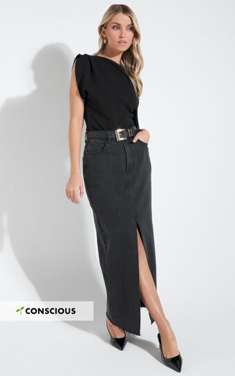 Kira Midi Skirt - Front Split Denim Skirt in Washed Black | Showpo (ANZ)