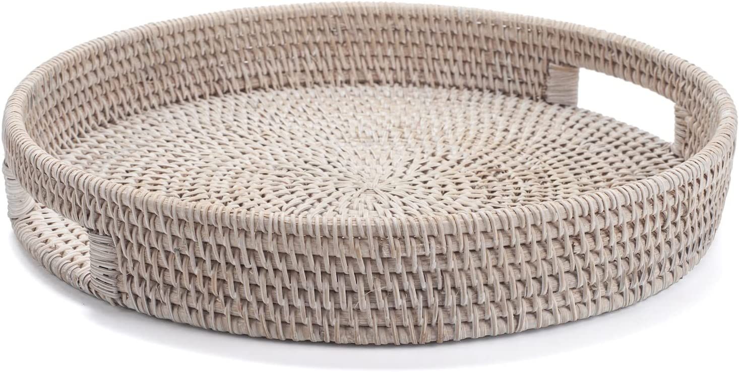 14.2 inch Round Rattan Tray, Woven Serving Tray with Cut - Out Handles, Wicker Serving Basket, Wh... | Amazon (US)