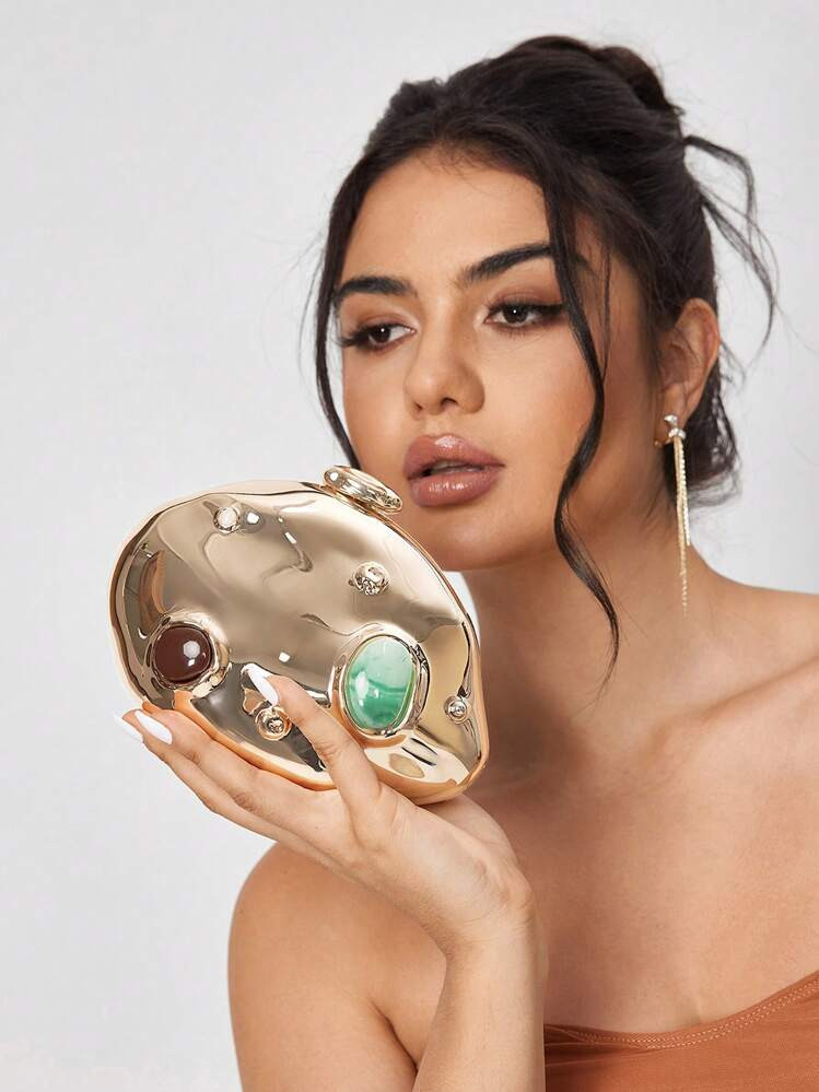 SHEIN SXY Ladies, Women Evening Bags, Clutches, Crossbody Bags, Colored Stone Inlay, Gold, Hard Box Bag, Fashionable, Luxury, Elegant, Simple, Personalized, Versatile, For Cocktail Party, Party, Prom, Club, Date, Birthday, Evening, Date Nigh, Ball, Fashionable Clutch Bags For Woman , Gold Bag | SHEIN