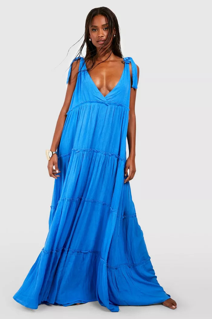 Cheesecloth Tie Shoulder Maxi Beach Dress | Boohoo.com (US & CA)