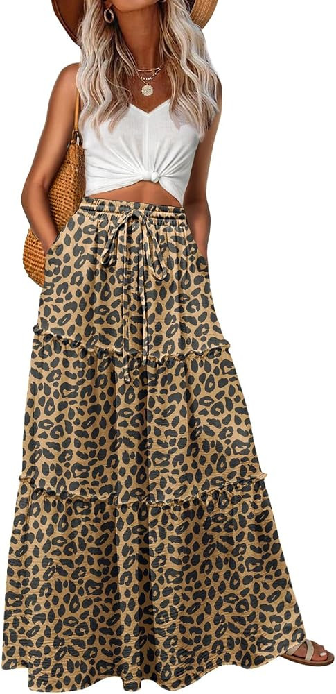 Womens Casual Boho High Waisted Flowy Maxi Skirts Tiered Floral Long Skirts with Pockets for Summ... | Amazon (US)