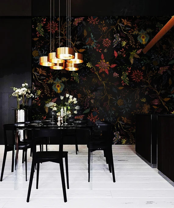 wallpaper, dark flowers, black wall decor, floral pattern, vintage room decor, removable or vinyl... | Etsy (US)