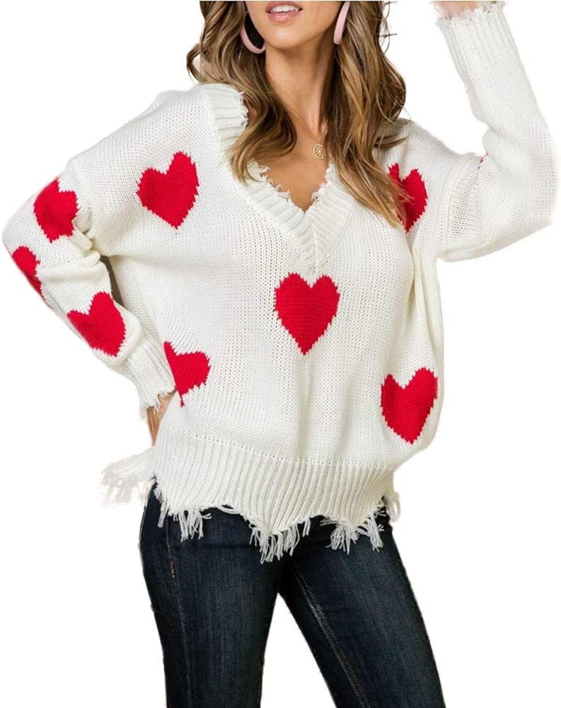 Womem Ripped Tassel High Low Hem V Neck One Shoulder Valentine Sweater Pullover Knitwear Jumper T... | Amazon (US)