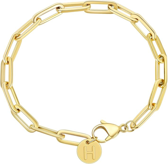 TONY & SANDY Dainty Paper Clip Initial Bracelet with 18K Gold Plated Tiny Handmade Link Chain 26 ... | Amazon (US)