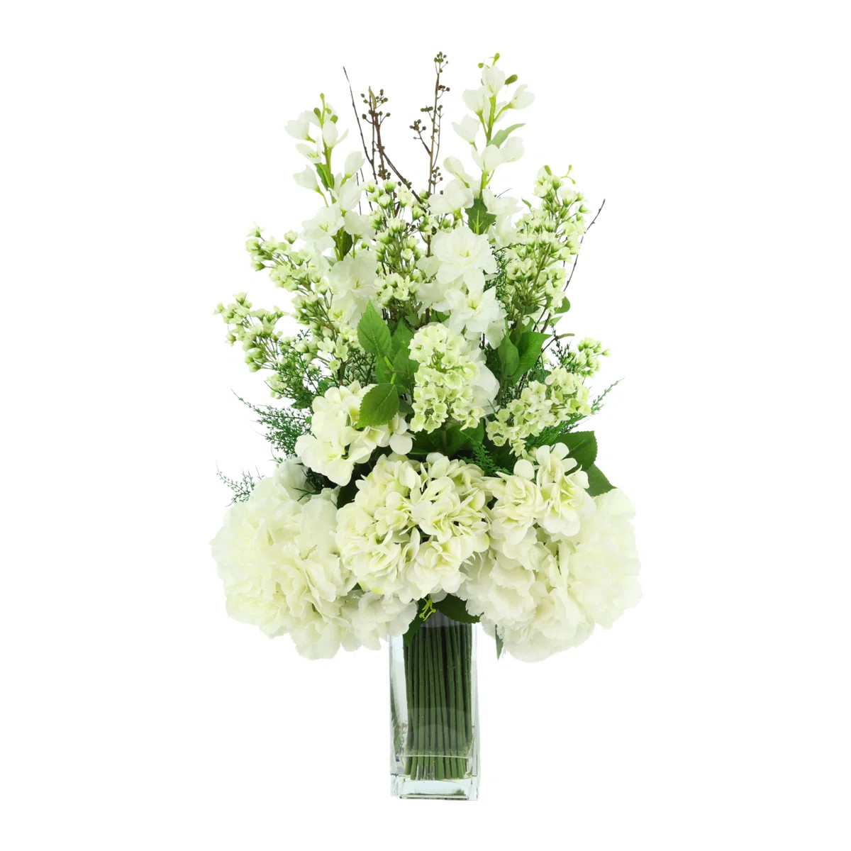 Delphinium, Hydrangea and Fern Floral Arrangement in Tall Glass Vase | Wayfair North America