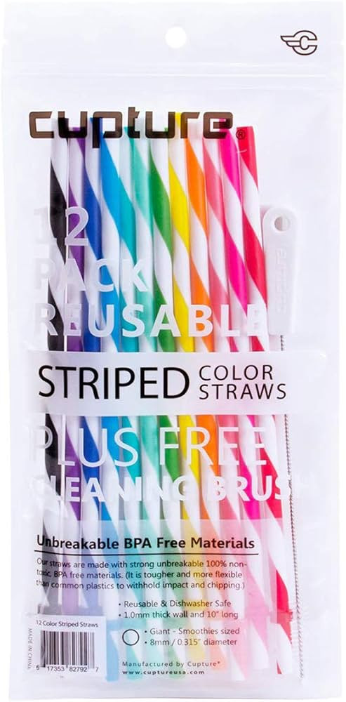 Cupture Reusable & Unbreakable Color Striped Straws - 12 Count + Free Brush | Amazon (US)