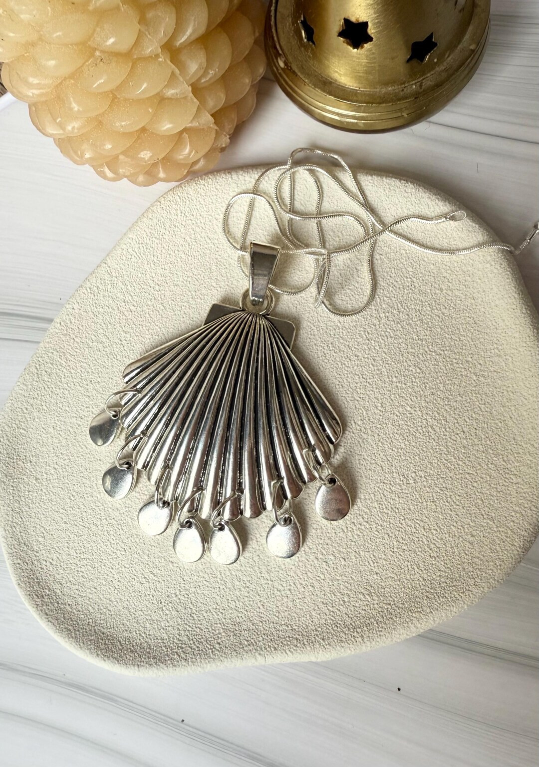 Silver Large Shell Pendant Necklace With Silver Steel Water Drops - Etsy Australia | Etsy (US)